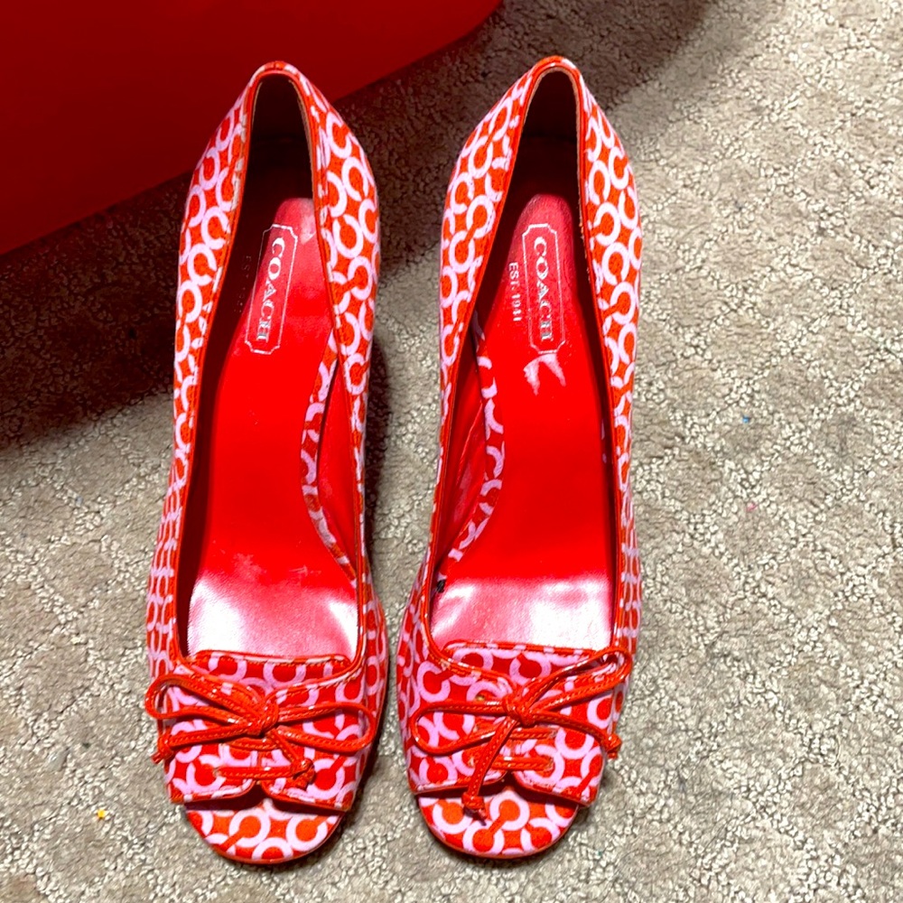 Orange & pink thick heels with peek-a-boo toe